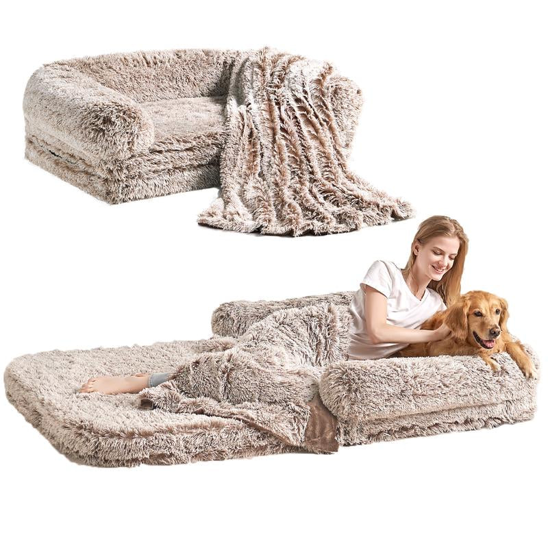 EHEYCIGA Foldable Human Dog Bed for Adult, Orthopedic Memory Foam Dog Bed for Humans, Waterproof Human Dog Bed for People, Faux Fur Human Sized Dog Bed Mats Blanket