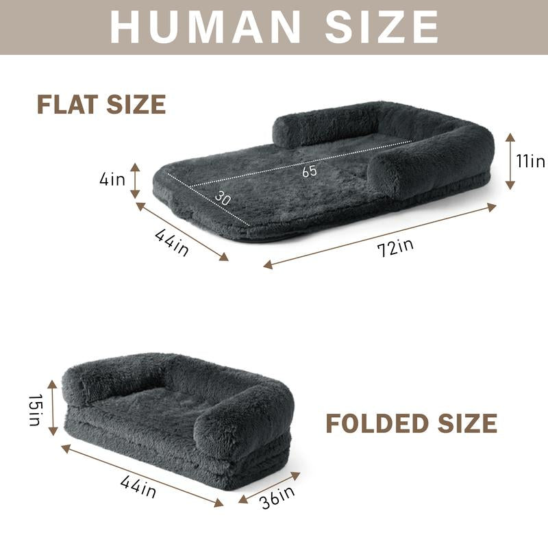 EHEYCIGA Foldable Human Dog Bed for Adult, Orthopedic Memory Foam Dog Bed for Humans, Waterproof Human Dog Bed for People, Faux Fur Human Sized Dog Bed Mats Blanket