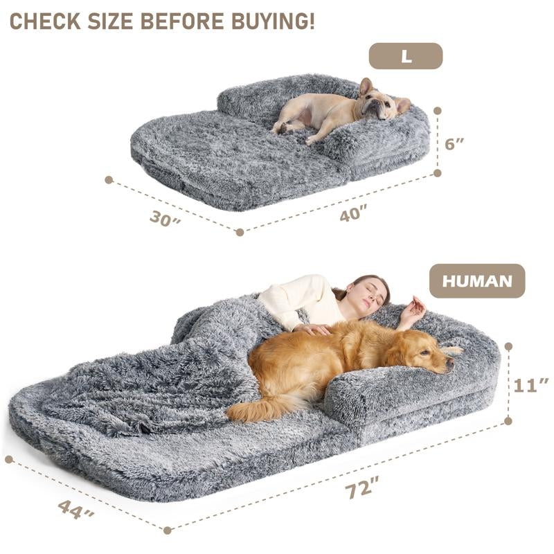 EHEYCIGA Foldable Human Dog Bed for Adult, Orthopedic Memory Foam Dog Bed for Humans, Waterproof Human Dog Bed for People, Faux Fur Human Sized Dog Bed Mats Blanket