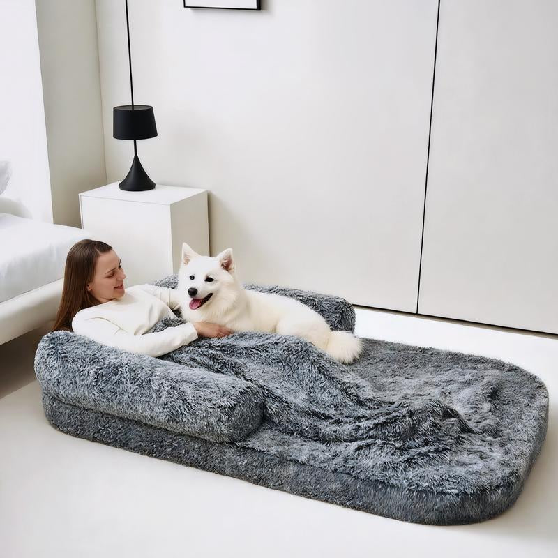 EHEYCIGA Foldable Human Dog Bed for Adult, Orthopedic Memory Foam Dog Bed for Humans, Waterproof Human Dog Bed for People, Faux Fur Human Sized Dog Bed Mats Blanket