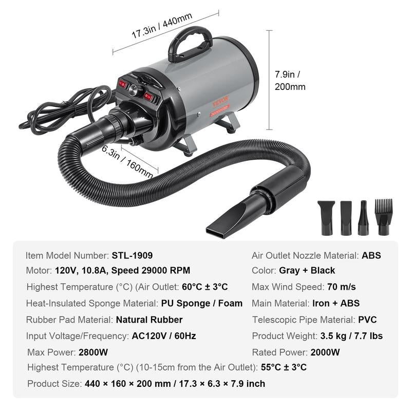 VEVOR Dog Dryer, 2000W/2.7HP Dog Blow Dryer, Pet Grooming Dryer with Adjustable Speed and Temperature Control, Pet Hair Dryer with 4 Nozzles and Extendable Hose, Black