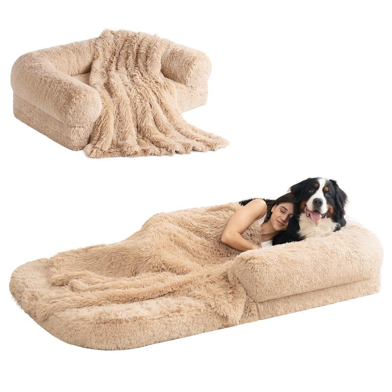 EHEYCIGA Foldable Human Dog Bed for Adult, Orthopedic Memory Foam Dog Bed for Humans, Waterproof Human Dog Bed for People, Faux Fur Human Sized Dog Bed Mats Blanket