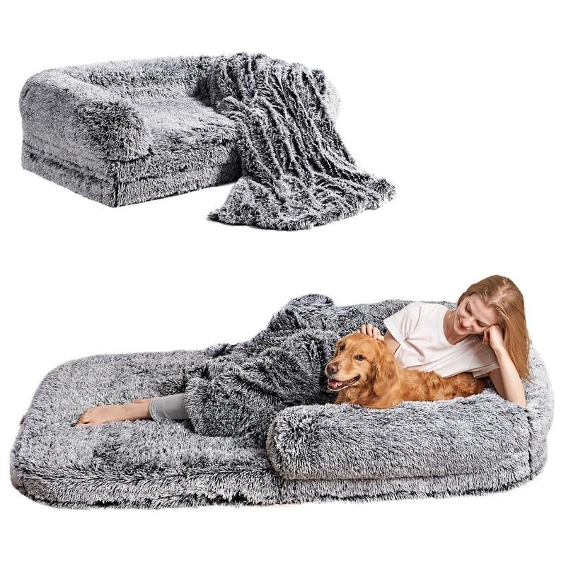 EHEYCIGA Foldable Human Dog Bed for Adult, Orthopedic Memory Foam Dog Bed for Humans, Waterproof Human Dog Bed for People, Faux Fur Human Sized Dog Bed Mats Blanket