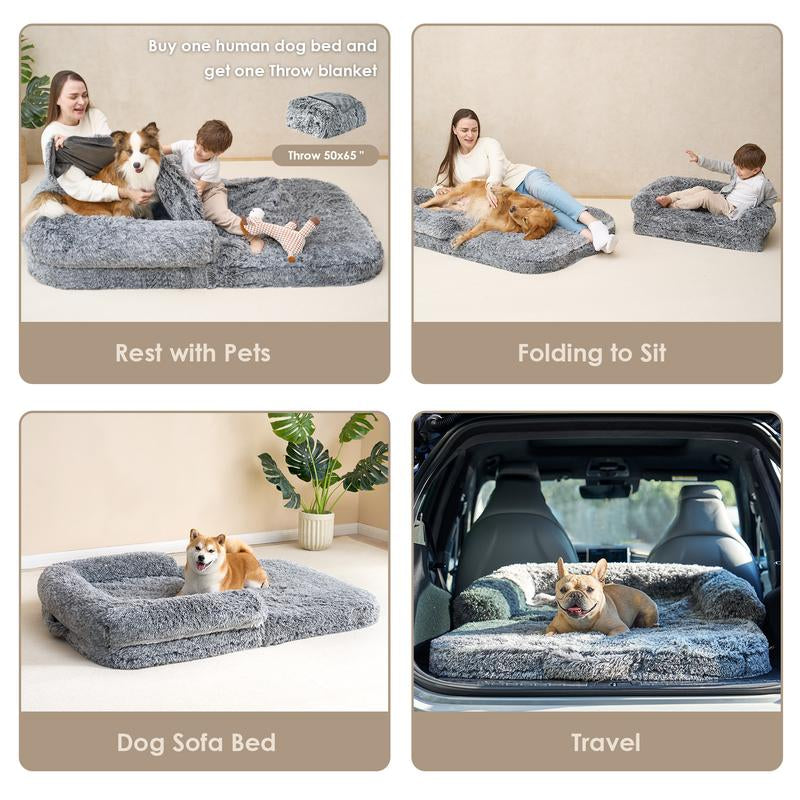EHEYCIGA Foldable Human Dog Bed for Adult, Orthopedic Memory Foam Dog Bed for Humans, Waterproof Human Dog Bed for People, Faux Fur Human Sized Dog Bed Mats Blanket