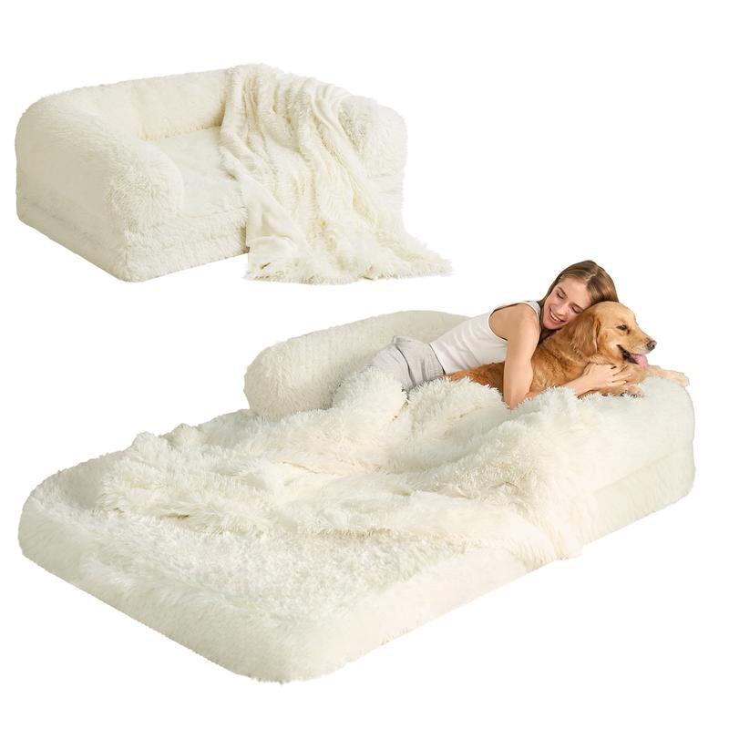 EHEYCIGA Foldable Human Dog Bed for Adult, Orthopedic Memory Foam Dog Bed for Humans, Waterproof Human Dog Bed for People, Faux Fur Human Sized Dog Bed Mats Blanket