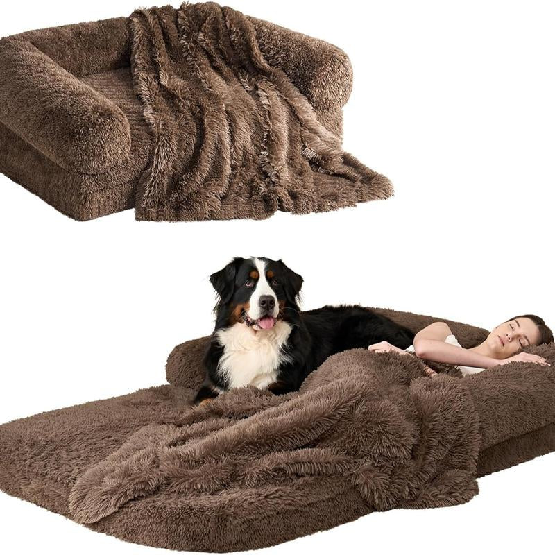 EHEYCIGA Foldable Human Dog Bed for Adult, Orthopedic Memory Foam Dog Bed for Humans, Waterproof Human Dog Bed for People, Faux Fur Human Sized Dog Bed Mats Blanket
