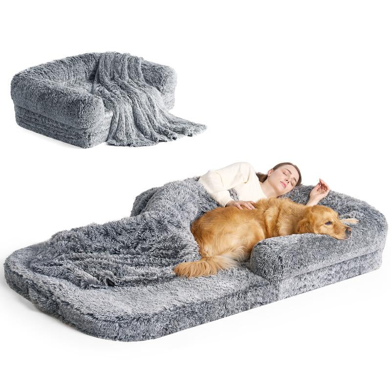 EHEYCIGA Foldable Human Dog Bed for Adult, Orthopedic Memory Foam Dog Bed for Humans, Waterproof Human Dog Bed for People, Faux Fur Human Sized Dog Bed Mats Blanket