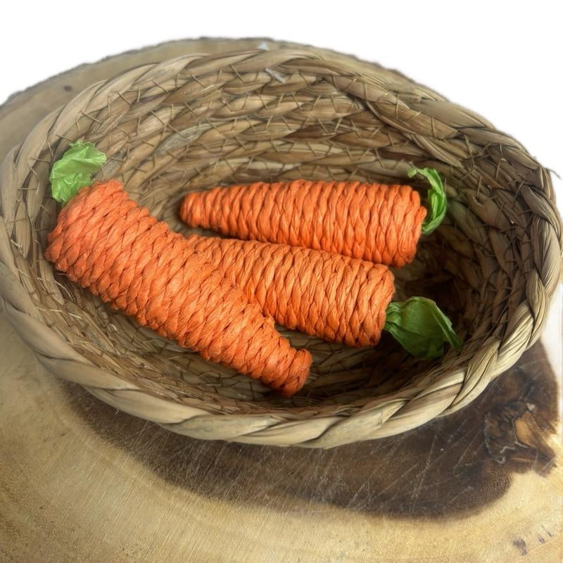 Natural Woven Pet Food Bowl Set for Bunny Rabbits with Carrot Chew Toys (1 Basket & 3 Carrots)