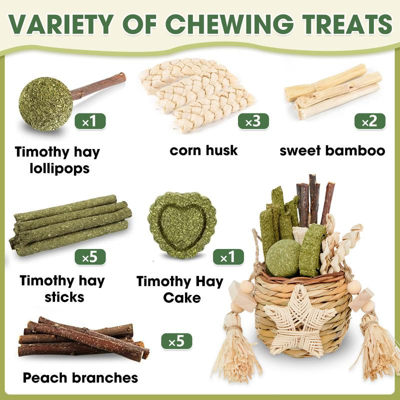 Rabbit Chew Toys, Natural Reed Grass Hanging Basket Chews, Woven Bunny Chewing Timothy Cake Wood Treats for Small Pets