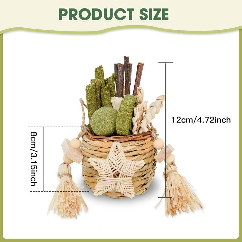 Rabbit Chew Toys, Natural Reed Grass Hanging Basket Chews, Woven Bunny Chewing Timothy Cake Wood Treats for Small Pets