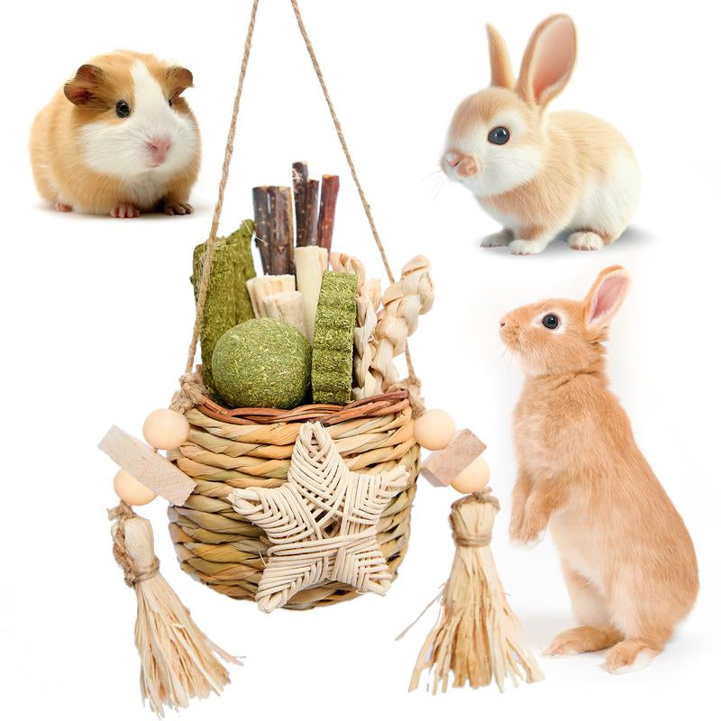 Rabbit Chew Toys, Natural Reed Grass Hanging Basket Chews, Woven Bunny Chewing Timothy Cake Wood Treats for Small Pets