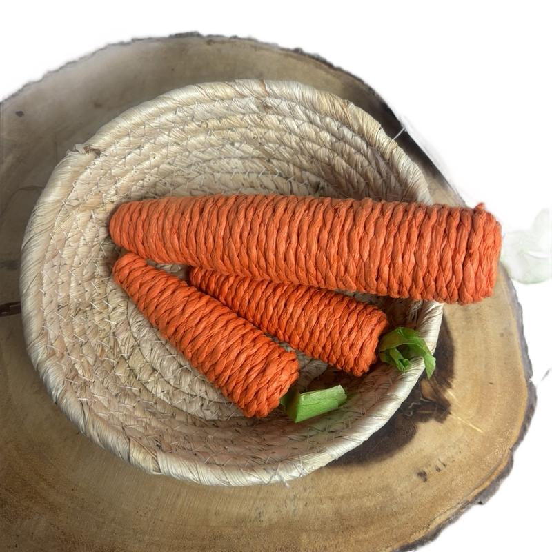 Natural Woven Pet Food Bowl Set for Bunny Rabbits with Carrot Chew Toys (1 Basket & 3 Carrots)