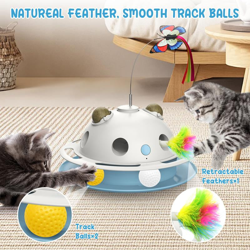 4 in 1 Cat Toys, Smart Automatic Interactive Kitten Toy with Shooting Feather, Fluttering Butterfly, Catnip Balls, Track Balls, USB Powered Cat Toy for Indoor (White)
