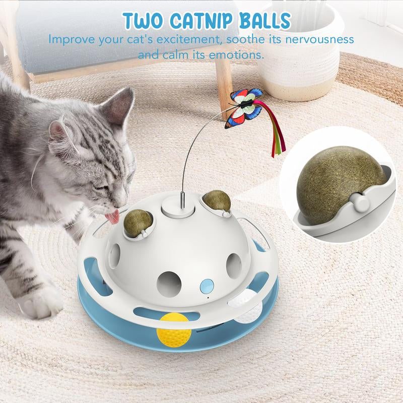 4 in 1 Cat Toys, Smart Automatic Interactive Kitten Toy with Shooting Feather, Fluttering Butterfly, Catnip Balls, Track Balls, USB Powered Cat Toy for Indoor (White)