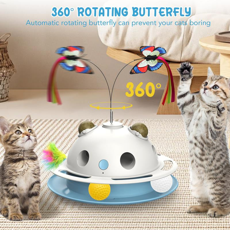 4 in 1 Cat Toys, Smart Automatic Interactive Kitten Toy with Shooting Feather, Fluttering Butterfly, Catnip Balls, Track Balls, USB Powered Cat Toy for Indoor (White)