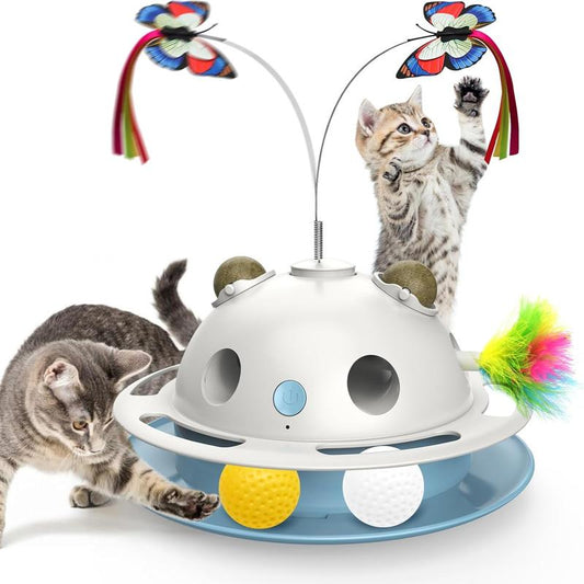 4 in 1 Cat Toys, Smart Automatic Interactive Kitten Toy with Shooting Feather, Fluttering Butterfly, Catnip Balls, Track Balls, USB Powered Cat Toy for Indoor (White)