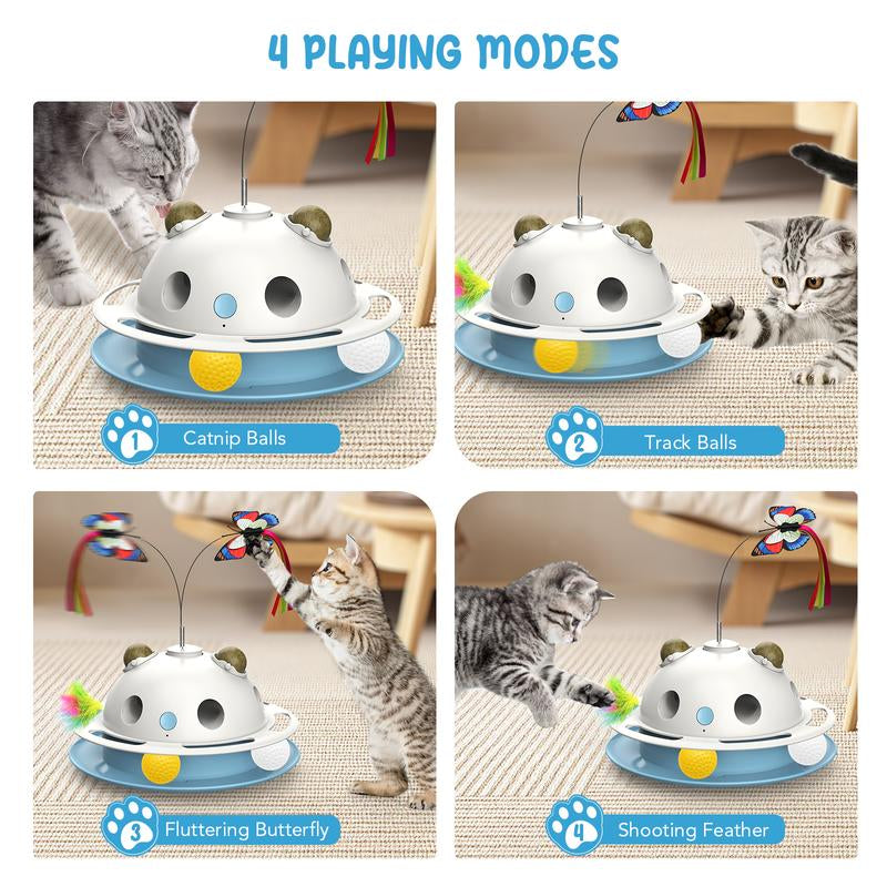 4 in 1 Cat Toys, Smart Automatic Interactive Kitten Toy with Shooting Feather, Fluttering Butterfly, Catnip Balls, Track Balls, USB Powered Cat Toy for Indoor (White)
