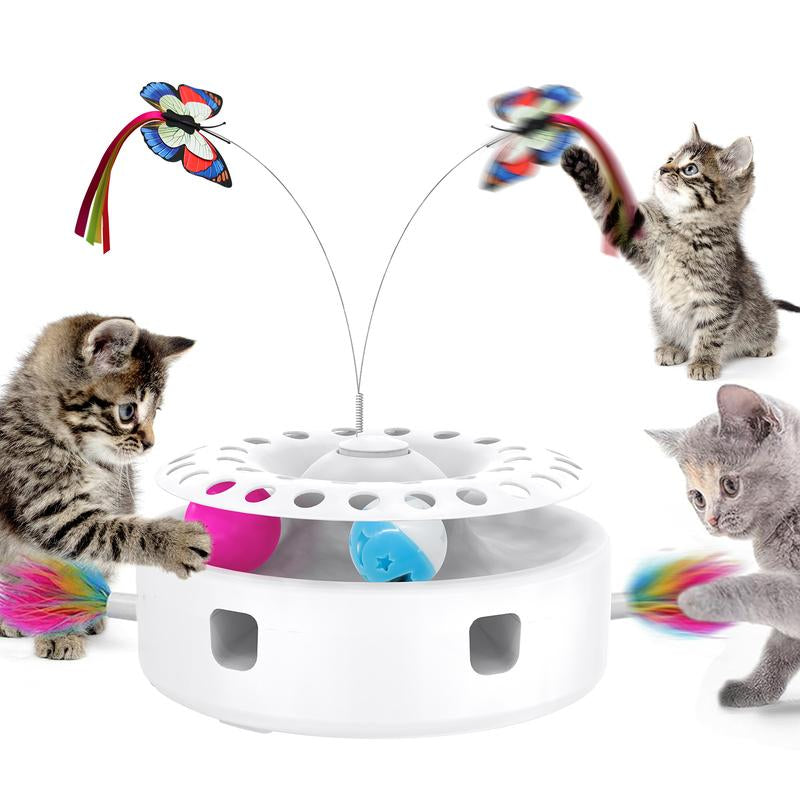 4 in 1 Cat Toys, Smart Automatic Interactive Kitten Toy with Shooting Feather, Fluttering Butterfly, Catnip Balls, Track Balls, USB Powered Cat Toy for Indoor (White)