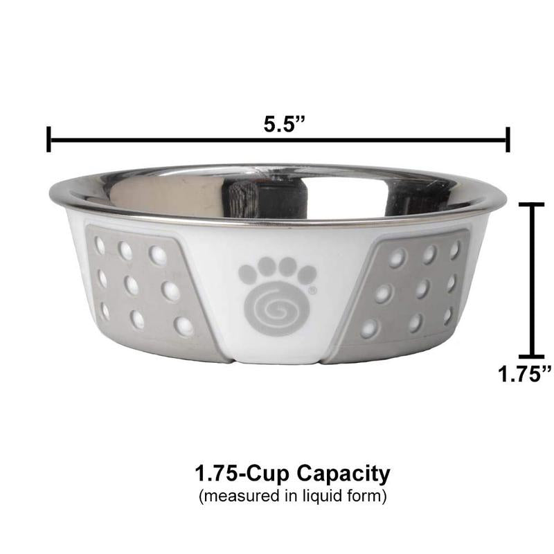 13094 Fiji Stainless Steel Non-Slip Dishwasher-Safe Dog Bowl 1.75-Cup Capacity 5.5-Inch Diameter 1.75-Inch Tall for Small Dogs Medium Ans Cats White and Light Grey