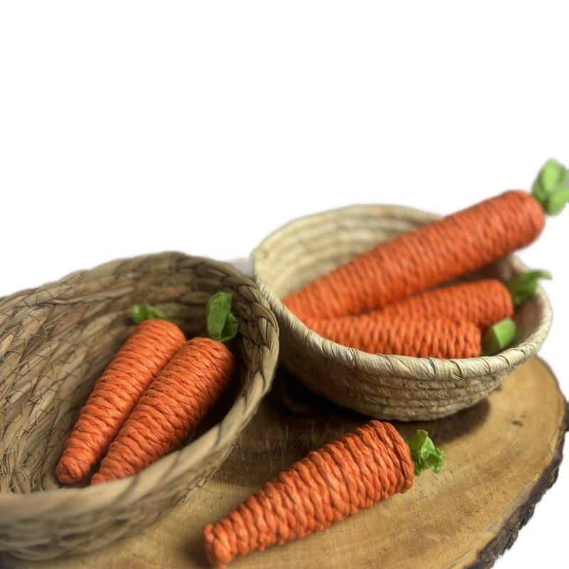 Natural Woven Pet Food Bowl Set for Bunny Rabbits with Carrot Chew Toys (1 Basket & 3 Carrots)