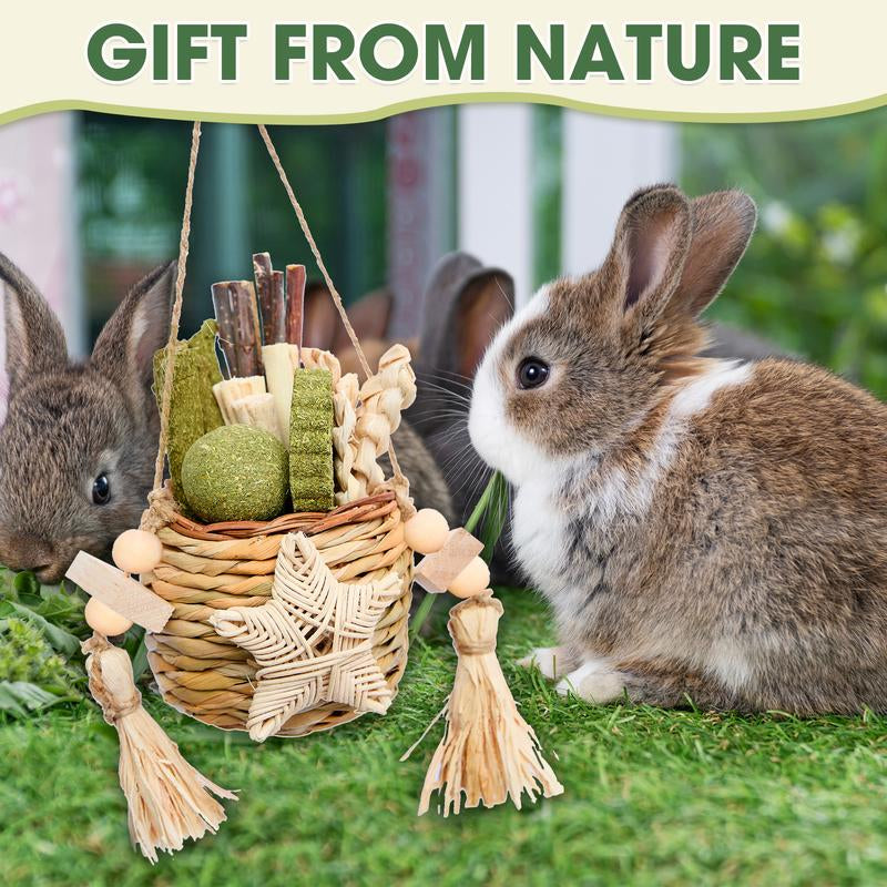 Rabbit Chew Toys, Natural Reed Grass Hanging Basket Chews, Woven Bunny Chewing Timothy Cake Wood Treats for Small Pets