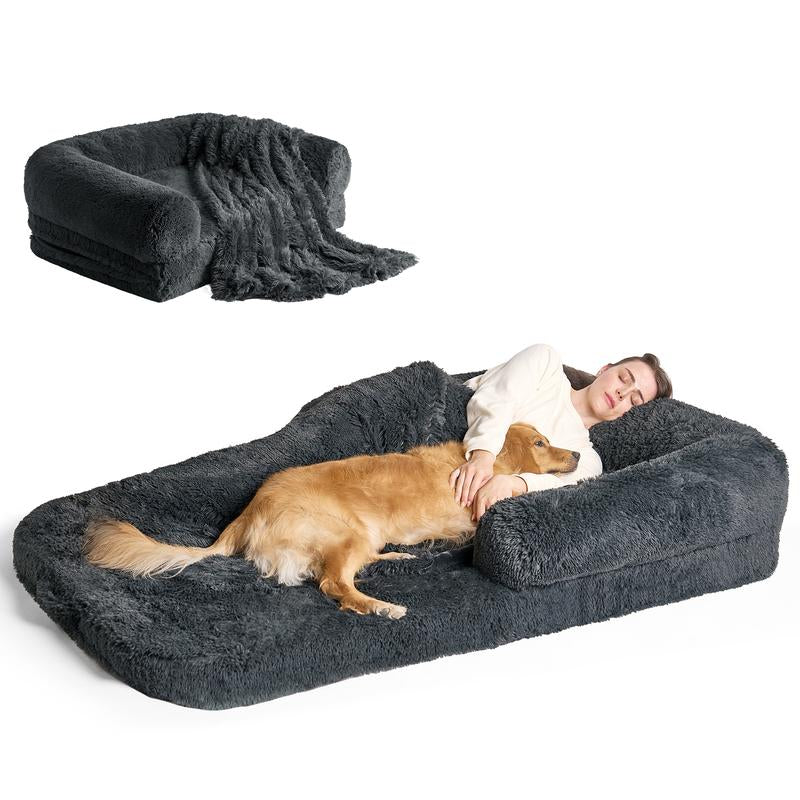 EHEYCIGA Foldable Human Dog Bed for Adult, Orthopedic Memory Foam Dog Bed for Humans, Waterproof Human Dog Bed for People, Faux Fur Human Sized Dog Bed Mats Blanket