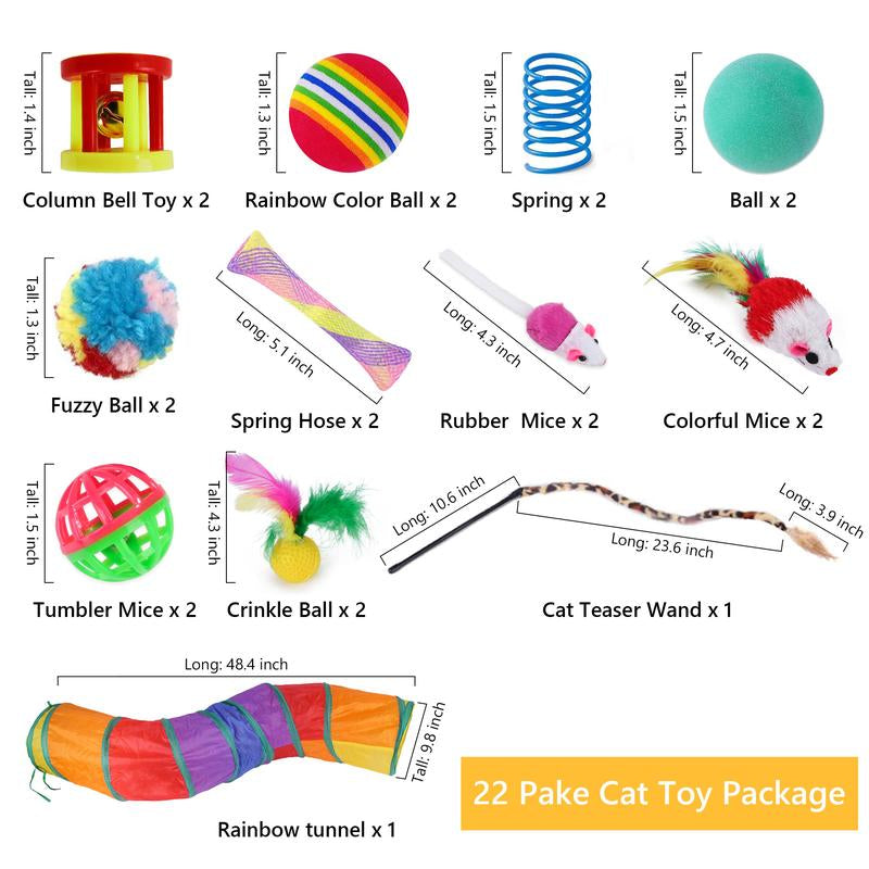 Cat Toys Set - 22Pcs Interactive Cat Toys for Kittens & Indoor Cats with Rainbow Tunnel, Feather Teaser Wand, Sisal Mice, Bell Balls & Crinkle Balls