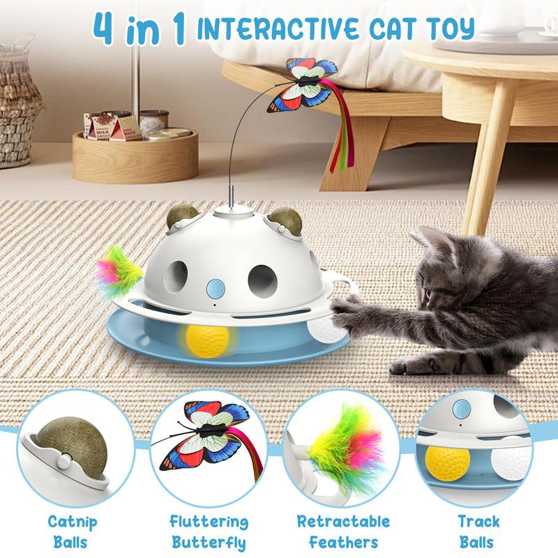 4 in 1 Cat Toys, Smart Automatic Interactive Kitten Toy with Shooting Feather, Fluttering Butterfly, Catnip Balls, Track Balls, USB Powered Cat Toy for Indoor (White)