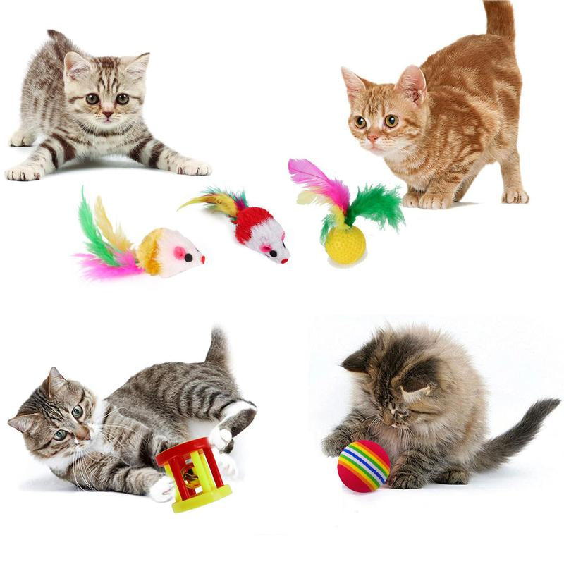 Cat Toys Set - 22Pcs Interactive Cat Toys for Kittens & Indoor Cats with Rainbow Tunnel, Feather Teaser Wand, Sisal Mice, Bell Balls & Crinkle Balls