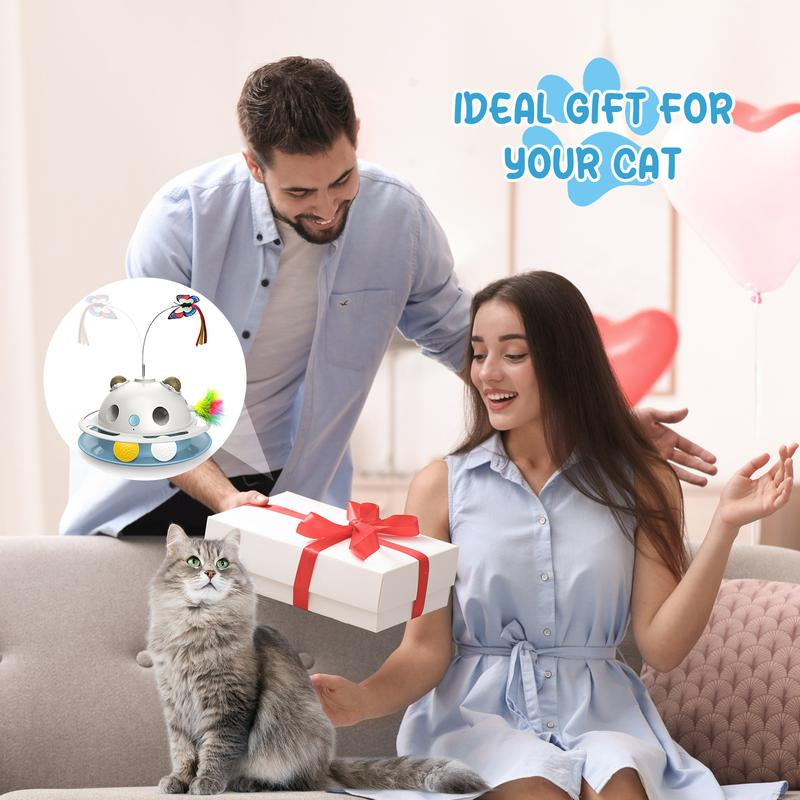 4 in 1 Cat Toys, Smart Automatic Interactive Kitten Toy with Shooting Feather, Fluttering Butterfly, Catnip Balls, Track Balls, USB Powered Cat Toy for Indoor (White)